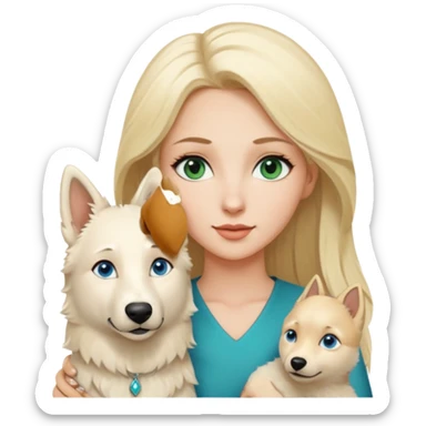 A white blonde Hair Woman with blue Green eyes with a White Shepard with a little bit beige in the fur in a lovely pose  sticker
