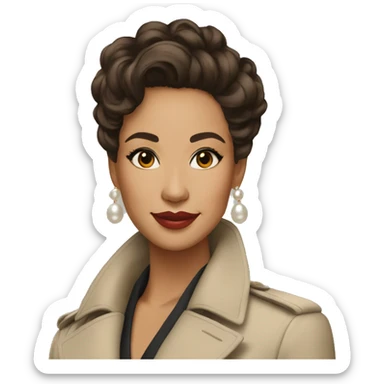 26	Mixed race	Regal features, warm brown eyes, enigmatic smile	Elegant updo, pearl earrings, classic trench coat sticker