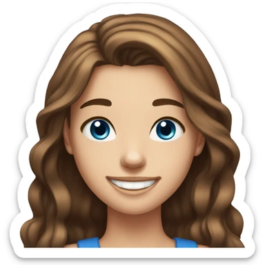 19 year old girl, long  brown hair styled not tied up, white skin, blue eyes, laughing sticker