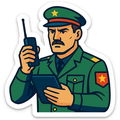 charismatic leader in military uniform, holding a radio and tablet, serious expression, arm patch visible sticker