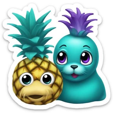 teal seal that is teal with a purple pineapple that is purple on its head sticker