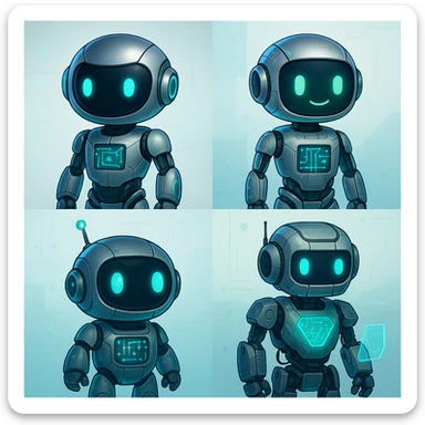 A tech-themed robot character, futuristic, friendly, with digital accents, in four distinct visual interpretations sticker