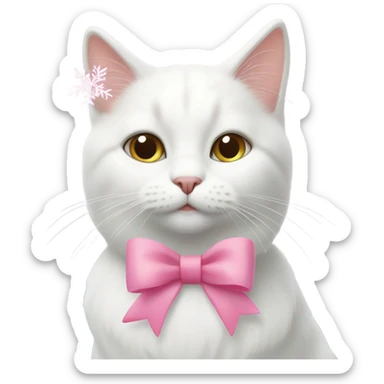White cat with a pink bow in its hair and snowflakes in the background  sticker
