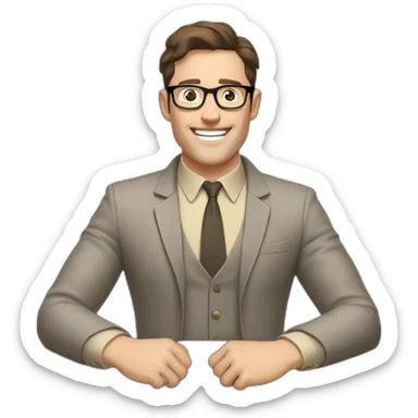 Joyful Celebrating victory Hands up Pale skinned Fit Man With dark brown hair in gray jacket, beige office shirt, Brown pants and vintage glasses sitting In a soft chair sticker