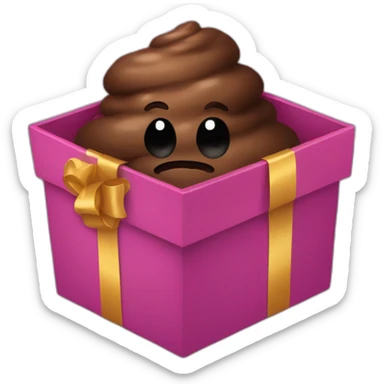Dark brown poo inside a gift box with a ribbon sticker