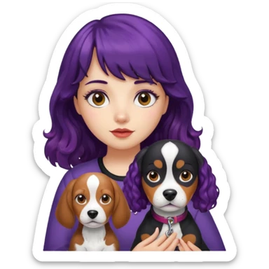 Girl with long black and purple curly hair and blunt bangs holding a beagle sticker