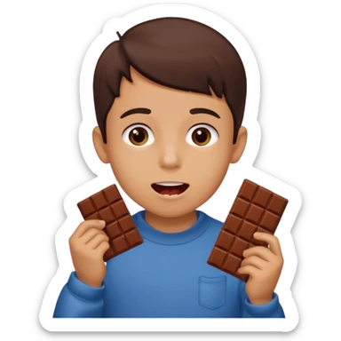 A boy holding a chocolate bar with him chewing on the bite he took sticker