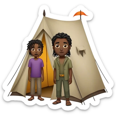 dark skinned black man with short dreads standing next to a tent looking at the tent with an evil smile on his face sticker