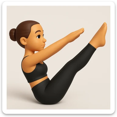 Create an emoji of a woman doing a Pilates teaser pose inspired by the reference photo. The style should be 3D emoji with a neutral background and a serene expression on her face. sticker