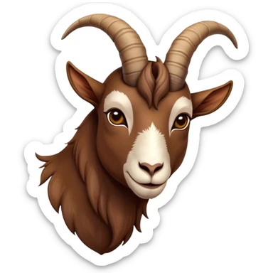Cinematic Noble Brown Goat Portrait Emoji, Poised and regal, with a sturdy, agile build and a smooth, well-groomed rich brown fur accented by gracefully curved horns, deep-set soulful dark eyes, Simplified yet sharp and sophisticated features, highly detailed, glowing with a warm, dignified glow, high shine, intelligent and spirited, stylized with an air of rustic elegance, focused and attentive, soft glowing outline, capturing the essence of a watchful and confident goat, so majestic it feels as though it could leap out of the screen with effortless authority! sticker