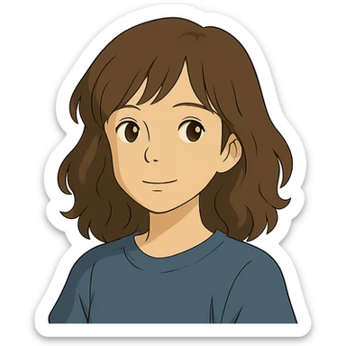 ghibli style portrait of an Asian girl with medium brown wavy hair and brown eyes sticker