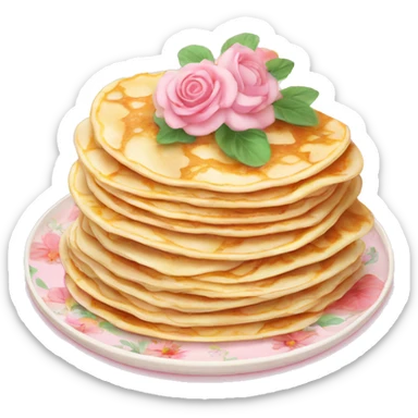 Crepes stacked on a light pink porcelain plate with floral print  sticker