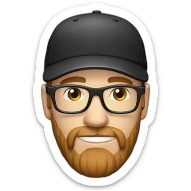 White male wearing headphones, clear glasses, black cap and brown beard sticker