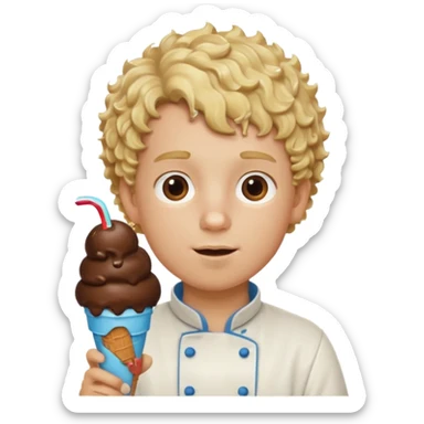 boy blonde curly hair, chef, eating big chocolate ice cream sticker