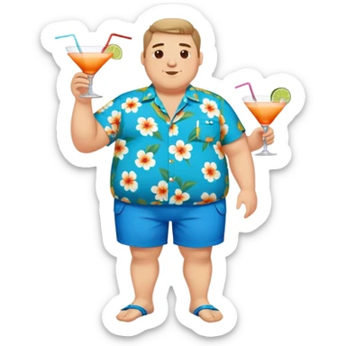 chubby guy full figure in a flowered azure havai shirt, brown shorts and flippers holding a cocktail sticker