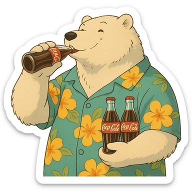 ghibli style polar bear in a Hawaiian shirt with Coke bottles, drinking Coca-Cola sticker