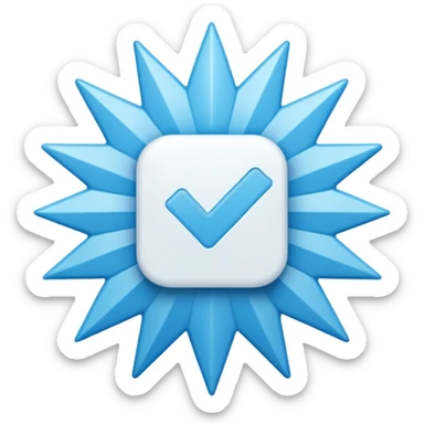 A high-resolution 2D icon of an Instagram-style verified badge. A vibrant light blue rounded-point starburst shape (rosette) with a clean, thick white checkmark in the center.  sticker