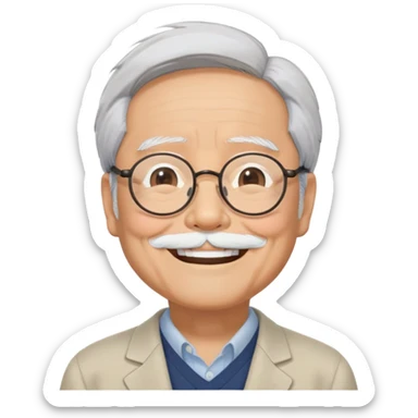 _cinematic-realistic-portrait-of-hayao-miyazaki,-depicted-with--large-rectangular-glasses,-his-happy-expression-rendered-in-lifelike-detail,-illuminated-with-soft,-realistic-lighting-that-emphasizes-his-creative-genius, his eyes shut  closed because of his large smile. eyes are shut sticker