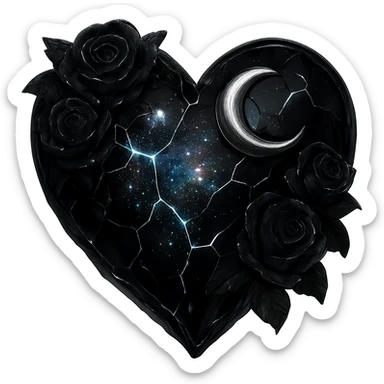 Edit the gothic heart to have cracked deep black glass, silver crescent moon, black roses, shimmering holographic stardust, neon lightning accents, and a glossy wet appearance. Keep the background transparent. sticker