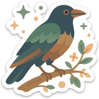 A mysterious crow perched on a branch, surrounded by a soft, magical atmosphere. The crow’s feathers are deep, dark hues with hints of golden orange (FA9B41), forest green (4A7C5C), muted taupe brown (96775A), and pastel peach (FFCC9A) subtly blending into its plumage. The branch is weathered and textured, with small leaves in green and peach tones, and delicate flowers or tiny sparks floating around. The lighting is soft and ambient, casting a warm, mystical glow over the scene, creating a quiet yet enchanting atmosphere. The crow’s sharp eyes and poised posture add to the mysterious, slightly gothic vibe of the moment sticker