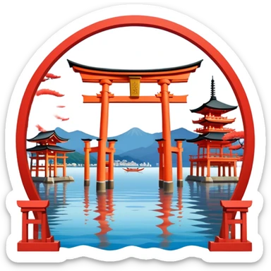 ​Cinematic Realistic Itsukushima Shrine, depicted as the iconic floating torii gate and shrine complex on the water, with vibrant vermilion hues contrasting against the serene blue sea and sky, rendered with intricate architectural details and soft, ethereal lighting that captures its spiritual beauty, sticker