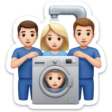 Eine Frau die in der Waschmaschine feststeckt und zwei männer die ihr helfen sticker