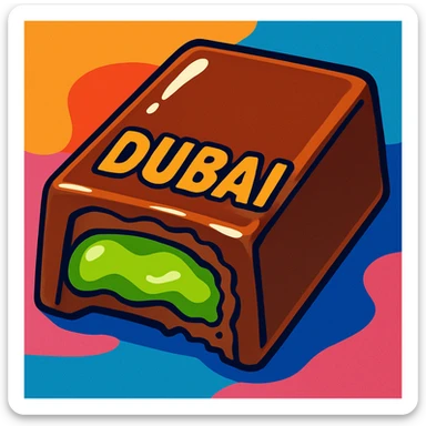 stylized illustration of the viral Dubai chocolate, bitten to show a bright green pistachio filling, with glossy highlights sticker