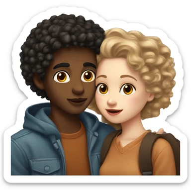 White skinned girl with curly brown hair kissing boy with light skin and black hair sticker