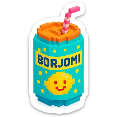 Borjomi lemonade can with a playful design, including bubbles and a straw sticker