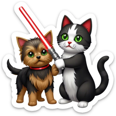 yorkshire terrier with green lightsaber fighting a black and white cat with a red lightsaber sticker