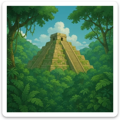 Ghibli style ancient Mexican pyramid surrounded by lush jungle sticker