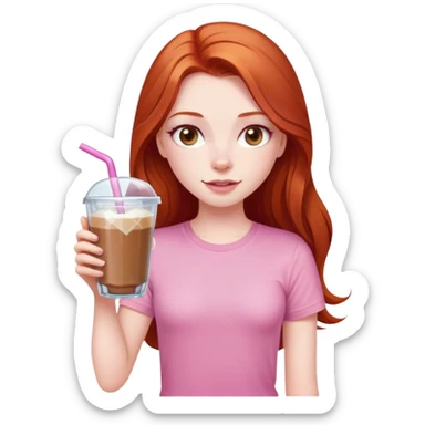 Redhead long  girl with ice coffe cristal glass brown eyes and a pink tshirt  sticker