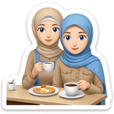 Turkish beautiful finish Konya two girls blue eyes with beige denim hijab islamic dress and make breakfast in coffeehouse sticker