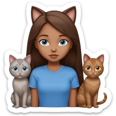 a pretty bratz dusky girl with long brown hair, blue eyes with six cats nd wearing a grey tshirt sticker