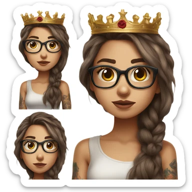 Hyperrealistic beautiful  girl, wearing a crown and glasses, arm tattoos, and long brown hair  sticker
