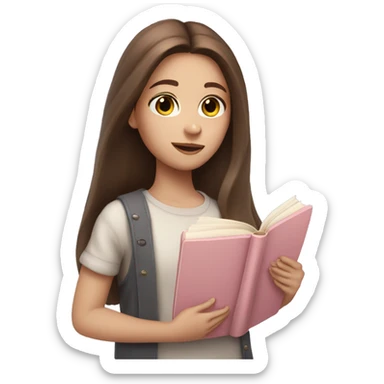 girl with fair skin and long brown hair holding a closed pale pink book sticker