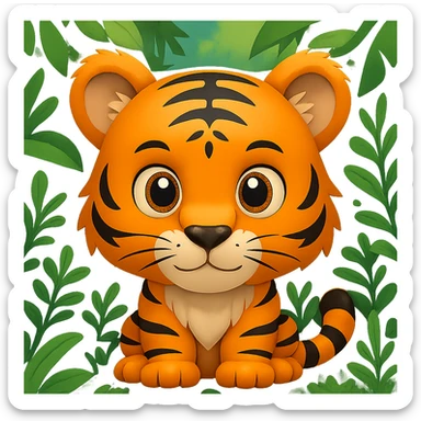 Add a lush green jungle background behind the tiger cub in the style of apple emojis, preserving the apple emoji style and look. sticker