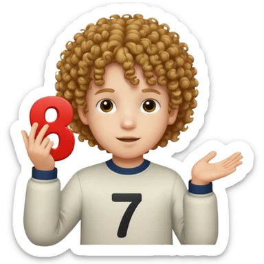 A curly-haired, white child holding the number 6 in his right hand and the number 7 in his left hand. sticker