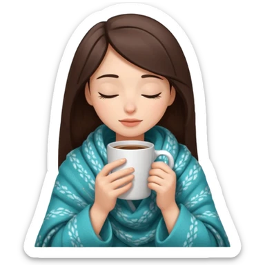brunette girl cozy in a blanket, holding a coffee mug, eyes closed sticker