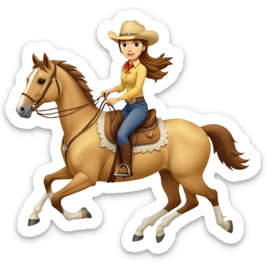 yellow palomino horse running with 4 legs a woman rider with brown hair and a cowboy hat sticker