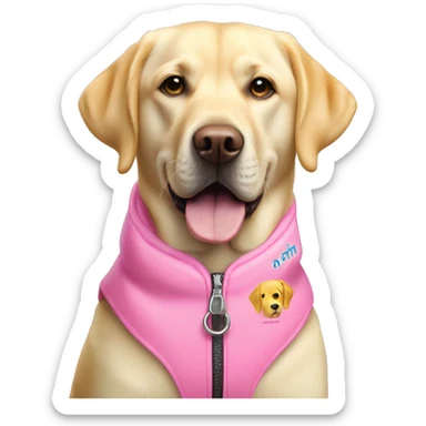 Yellow Labrador wearing a pink vest coat that says assistance dog  sticker