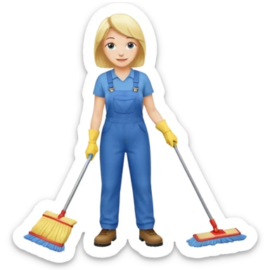 middle-aged women, Custodian with yellow rubber gloves, white T-shirt, blue overalls, mopping floor sticker