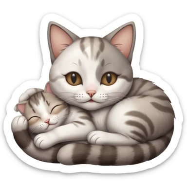 grey and white small cat with eyes closed lying down upside down with its head resting on its curled paw sticker