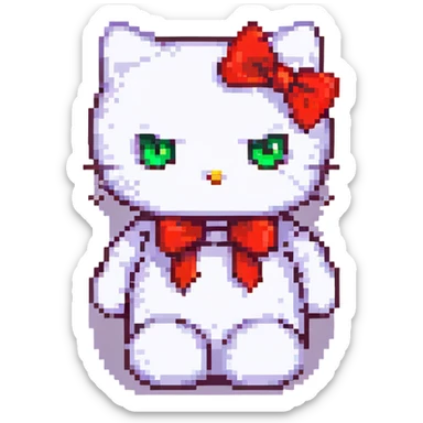 angry hello kitty, pixel art style, red bow, glaring eyes, clenched fists sticker