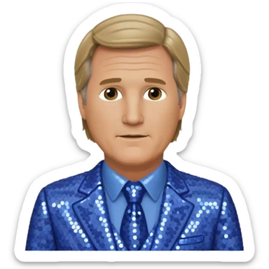 Jeff Daniels with dark blonde hair, periwinkle sequin suit sticker