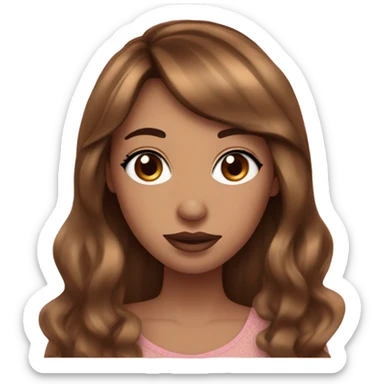 Women with blue eyes, long hair with bangs brown with highlights, pretty brows and eyelashes, Pink lips and cheeks with freckless and bronzi skin sticker