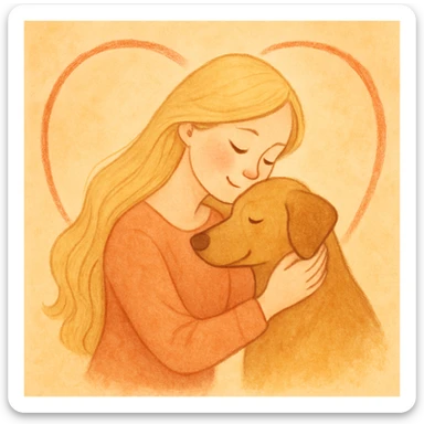A pretty woman with pale skin and very long blonde hair hugging a dog, with a heart encircling her. sticker