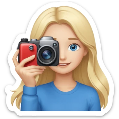  blue eyes blonde girl photographer cartoon taking picture in middle of taking picture camera in front of face long hair smiling funny flash professiona sticker