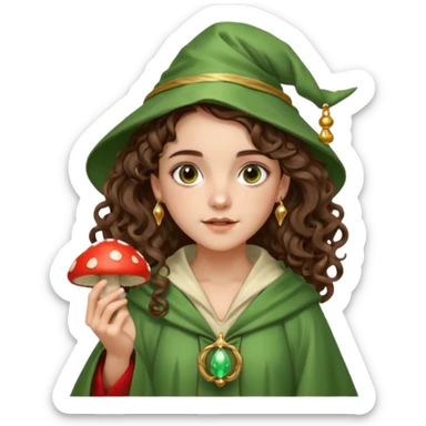 very beautiful italian girl, dark brown eyes, looking like Emma Watson, with curly and big volume very bright brown hair, and a golden piercing ring in nose on left side, dressed in a beautiful wizard robe of green colors, holding red fly mushroom sticker
