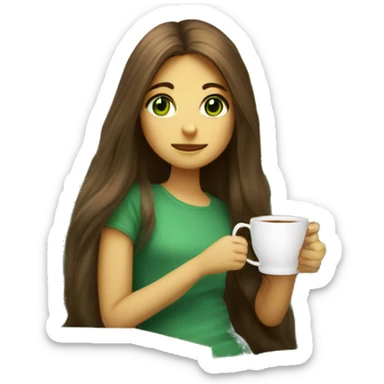 Girl with long brun hair green eyes drink tea and seat in sofa with pled  sticker
